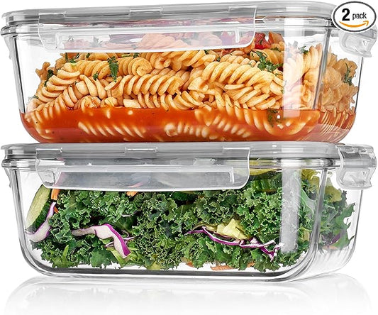 Vtopmart 2Pack 1860ml/63oz Large Glass Storage Containers with Lids, Meal Prep Food Container Set with Snap Airtight Lid for Baking, Microwave, Oven, Leak Proof, for Freezer, Dishwasher, Grey