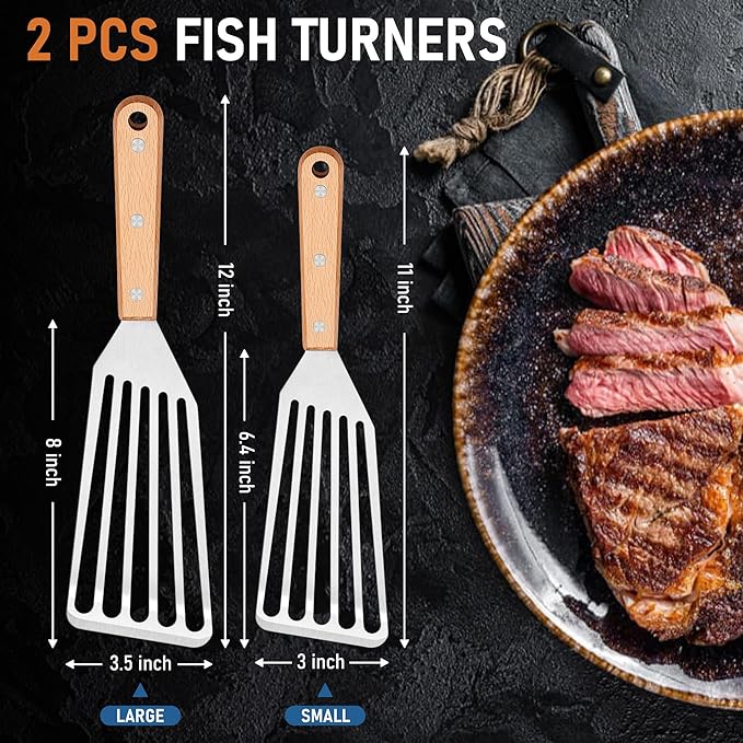 Joyfair Fish Spatula Metal Spatulas (Large & Small), 2 Pcs Stainless Steel Cooking Utensils Barbecue Turner for Flipping Turning, Kitchen Slotted Turners & Outdoor Griddle Accessories (Wooden Handle) - Image 7