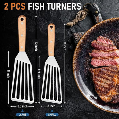 Joyfair Fish Spatula Metal Spatulas (Large & Small), 2 Pcs Stainless Steel Cooking Utensils Barbecue Turner for Flipping Turning, Kitchen Slotted Turners & Outdoor Griddle Accessories (Wooden Handle) - Image 7