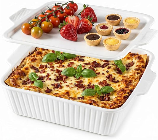 Dizada 10" Square Casserole Dish with Lid - 2-in-1 Porcelain Baking Dish 2.6 Qt, Oven to Table Ceramic Bakeware for Lasagna, Cake, Microwave Dishwasher Safe