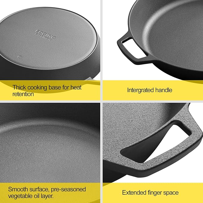 EDGING CASTING Pre-Seasoned Large Cast Iron Skillet 17 Inch, Dual Handle Outdoor Camping Frying Pan, Pizza Pan, Use for Grill, Stovetop, Induction, Oven Safe Cookware
