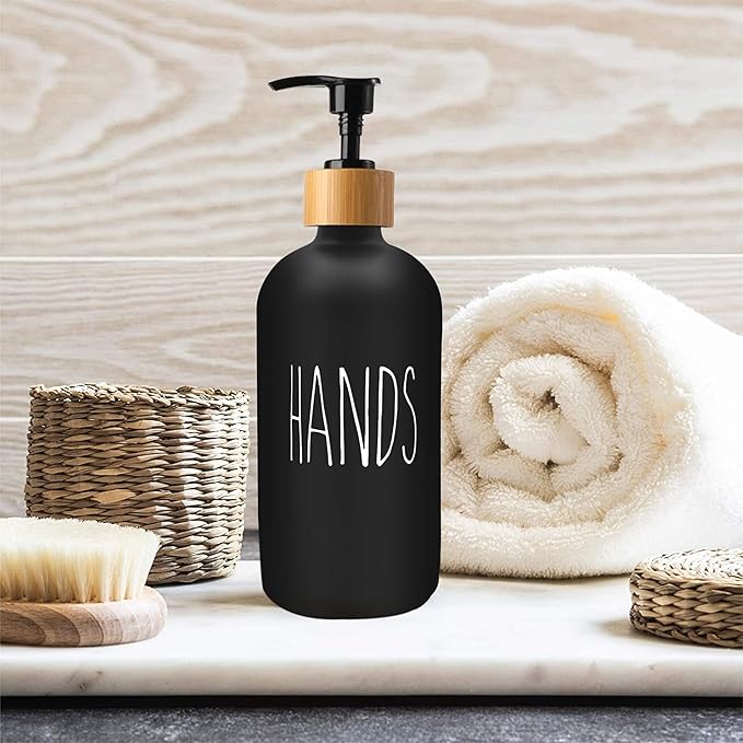 Sunrise Premium 16 OZ Thick Black Glass Soap Dispenser, Bamboo Pump with Tray 2 Pack, Hand and Dish Soap Dispenser Set for Bathroom with 6 Waterproof Labels - Image 5