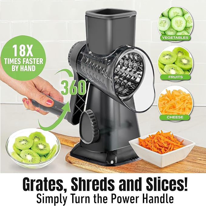Cheese Grater Hand Crank Rotary Vegetables Shredder with Handle, 3-in-1 Graters with Interchangeable Blades and Non-slip Base Multifunctional Slicer for Kitchen - Image 3