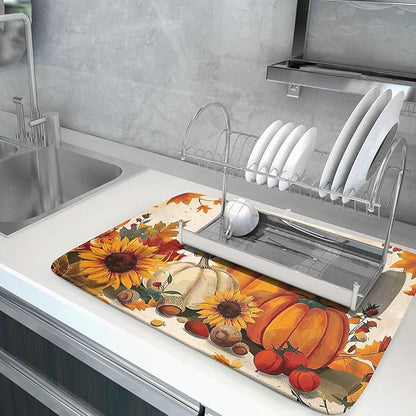 Happy Thanksgiving Day Harvest Dish Drying Mat for Kitchen Counter,Sunflower Maple Leaves Pumpkin Drying Mat 18 x 24 Inch with Absorbent Reversible Microfiber Dish Drying Pad for Coffee Bar - Image 5