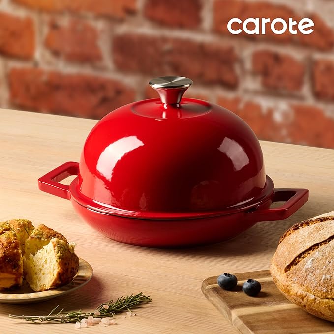 CAROTE Enameled Cast Iron Bread Dutch Oven, Round Bread Oven Pot with Dome Lid for Homemade Sourdough Bread Baking, Healthy & Non-Toxic, Dual Handles, All Stovetop Compatible, Oven Safe up to 500° F, 1.5 Quarts, 9 Inches, Red