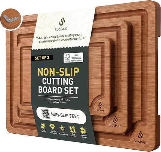 3 Packs Bamboo Cutting Board Set with Non Slip Feet and Over Sink Nice Solid Thick Wood Juice Groove Chopping Board Extra Large Big Small Best Hardwood Counter Organic Vegetable Kitchen Gadgets by Socisen