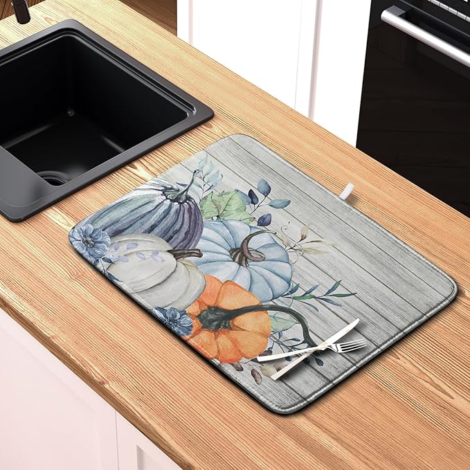 Fall Blue Orange Grey Pumpkin Kitchen Dish Drying Mat for Kitchen Counter 16x18 Inch Autumn Teal Flowers Drying Mat Thanksgiving Harvest Dish Drainer Mat Super Absorbent Dish Rack Pad for Coffee Bar - Image 6