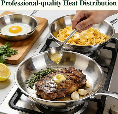 Umite Chef 5 Ply Stainless Steel Frying Pan 8 inch, Non Toxic Professional Stainless Steel Skillets, Dishwasher and Oven-Safe Chef Pan, PFOA&PTFE Free Cookware, Fast & Even Heat, Stay-Cool Handle - Image 6