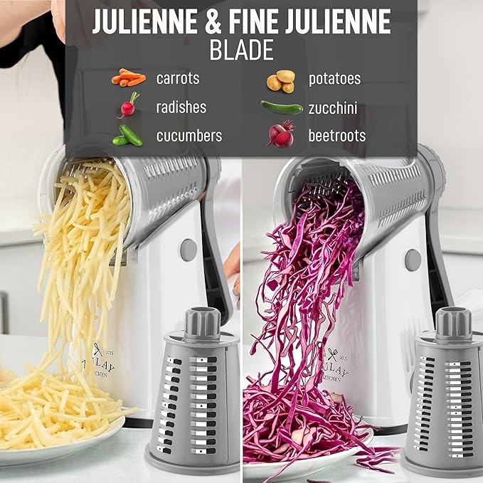 Zulay Kitchen Rotary Cheese Grater 5 Blade Cheese Shredder - Manual Hand Crank Cheese Grater With Reinforced Suction & 5 Interchangeable Drums - Easy to Use, Vegetable Chopper Round Mandoline Slicer - Image 6
