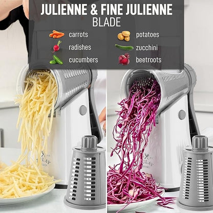 Zulay Kitchen Rotary Cheese Grater 5 Blade Cheese Shredder - Manual Hand Crank Cheese Grater With Reinforced Suction & 5 Interchangeable Drums - Easy to Use, Vegetable Chopper Round Mandoline Slicer - Image 6