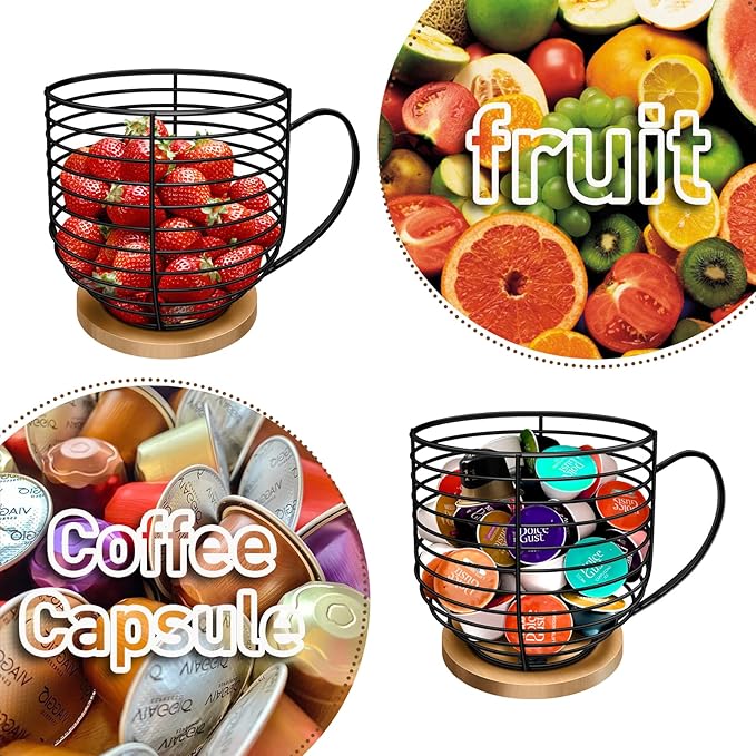 BYTEAIDREX Coffee Pod Holders for Counter - K Cup Holders for Counter - Coffee Pods Storage Organizer - Bar Accessories - Large Capacity Black Wire Kup Storage with Wooden Base. - Image 7