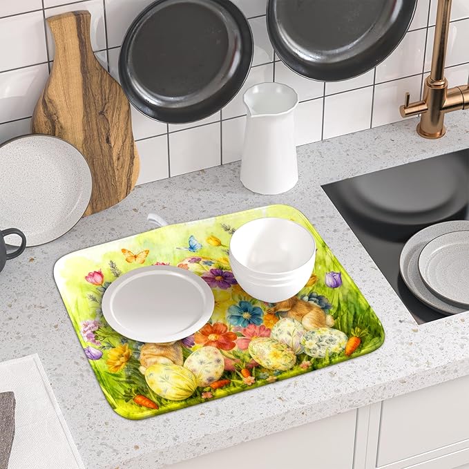 Easter Dish Drying Mat for Kitchen Counter Spring Bunny Microfiber Countertop Mat Small - Image 6