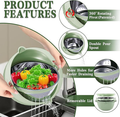 4-1 Colander with Fruit Bowl Set - Colander for Kitchen, Rotatable Strainers and Colanders(Patented), Pasta Strainer with New Upgraded Graters for Fruit, Veggie, Aesthetic Kitchen Essentials - Green - Image 3