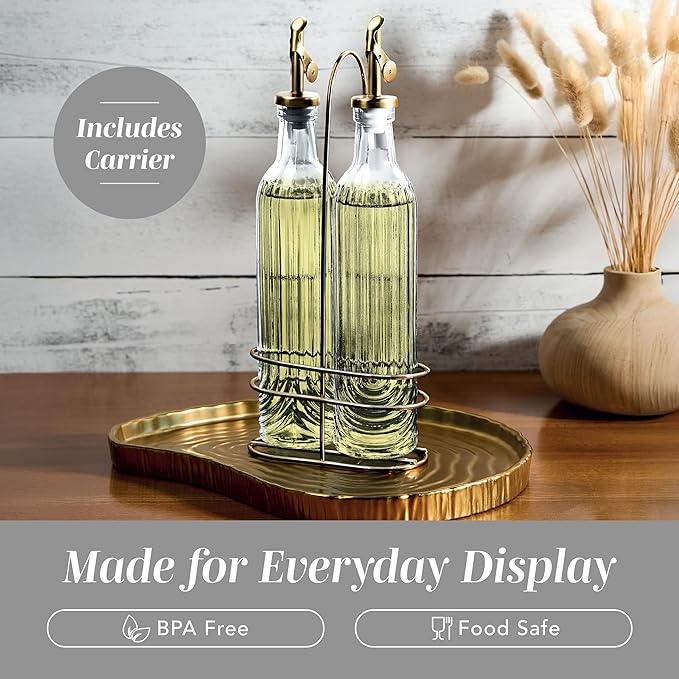 COOK WITH COLOR Glass Olive Oil Bottle Dispenser - 2 Pack- 17oz Oil and Vinegar Cruet - Olive Oil Carafe Decanter for Kitchen, Elegant Fluted, Clear - Image 5