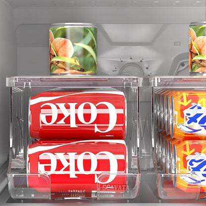 SCAVATA Stackable Refrigerator Organizer, Soda Can Dispenser Pop Cans Container Beverage Holder with Lid for Fridge, Freezer, Kitchen, Clear Plastic Storage Bins-Holds 10 Cans Each (One)