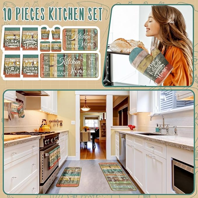 Fourluoo 10 Pcs Farmhouse Kitchen Decor and Accessories Set 4 Kitchen Towels 2 Pot Holders 2 Oven Mitts 2 Rugs for Cooking Baking Mom Housewarming Gifts(Vintage Wood Grain,Classic Style) - Image 2