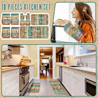 Fourluoo 10 Pcs Farmhouse Kitchen Decor and Accessories Set 4 Kitchen Towels 2 Pot Holders 2 Oven Mitts 2 Rugs for Cooking Baking Mom Housewarming Gifts(Vintage Wood Grain,Classic Style) - Image 2