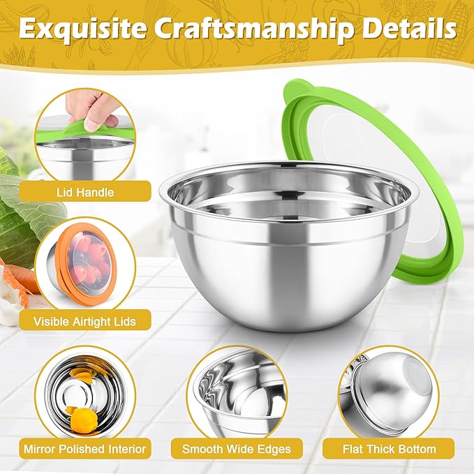 TeamFar Mixing Bowls, 3PCS Stainless Steel Serving Salad Bowls with Lids & 3 Graters, For Kitchen Mixing/Baking/Storing/Prepping, Visible & Airtight, Easy Clean - 4.5/3 / 1.5 QT, Multi-color - Image 5