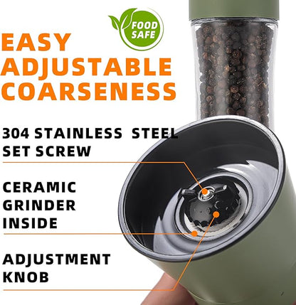 DAVIMADE Premium 2pk Sage Green Salt and Pepper Grinder Set, Manual Grinder Adjustable Coarseness Ceramic Blades, Bonus Funnel，Short Kitchen Accessories