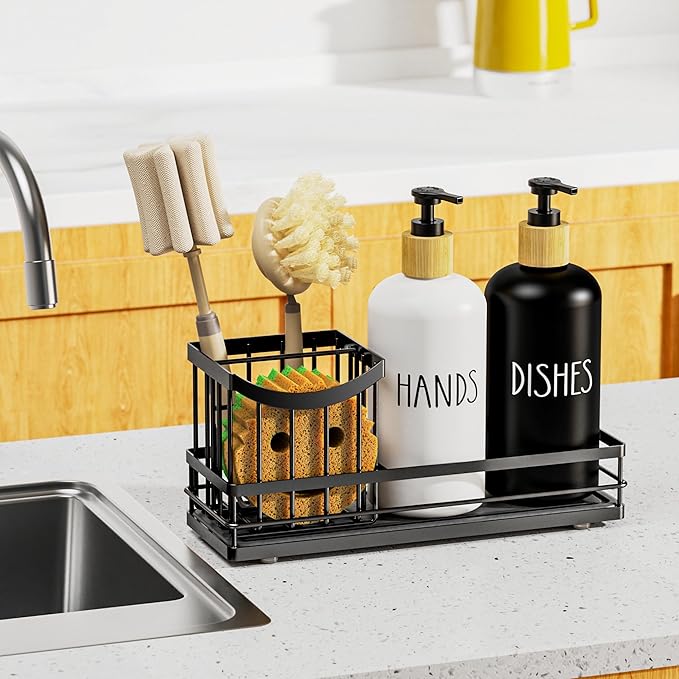 Moforoco Kitchen Dish Soap Dispenser Set, 16OZ Glass Bottle, Hand and Dish Soap Dispenser Set, Instant Dry Tray, Brush Holder with Smiley Face Sponge Holder (Universal Black Tray+Black&White Bottle) - Image 7