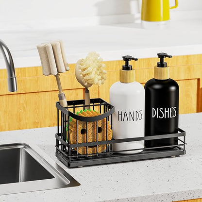 Moforoco Kitchen Dish Soap Dispenser Set, 16OZ Glass Bottle, Hand and Dish Soap Dispenser Set, Instant Dry Tray, Brush Holder with Smiley Face Sponge Holder (Universal Black Tray+Black&White Bottle) - Image 7