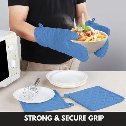 Oven Mitt + Pot Holder 100% Cotton Heat Resistant Kitchen Oven Gloves (7"x13") & Hot Pads (8"x8") for Gifts, Chef, Women & Men - Blue
