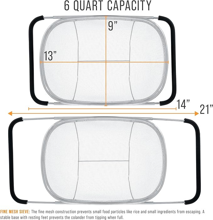 U.S. Kitchen Supply Stainless Steel Colander Strainer - 6-Quart Collapsible Colander with Expandable Rubber Handles - Rectangular Sieve, Fine Mesh Stainless Steel Strainers and Colanders for Kitchen - Image 3