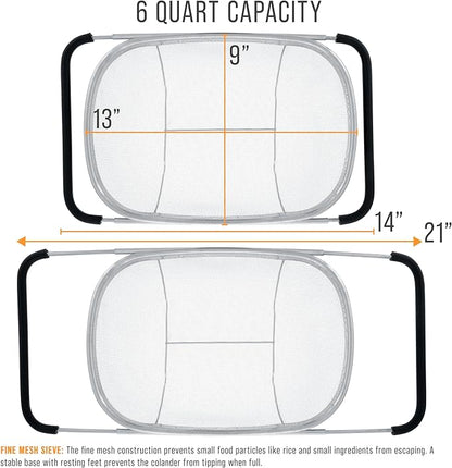 U.S. Kitchen Supply Stainless Steel Colander Strainer - 6-Quart Collapsible Colander with Expandable Rubber Handles - Rectangular Sieve, Fine Mesh Stainless Steel Strainers and Colanders for Kitchen - Image 3