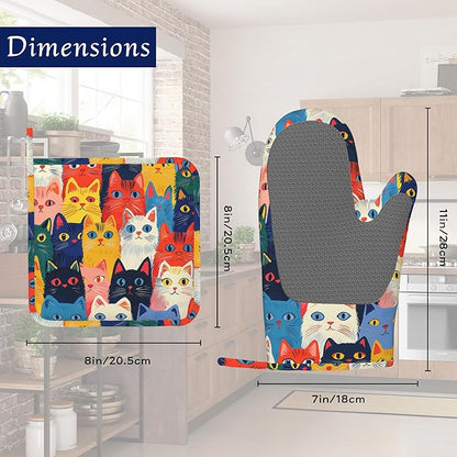 Colourful Cats Oven Mitts and Pot Holders Sets of 4 Cute Animal Heat Resistant Silicone Oven Mits Gloves Non-Slip Kitchen Mittens Potholders for Cooking Baking Grilling BBQ