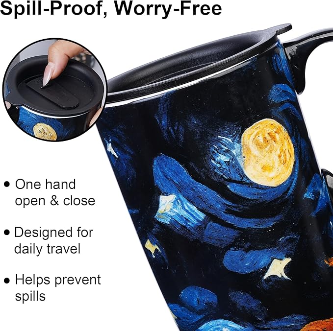 Topadorn Ceramic Coffee Travel Mug with Lid and Handle - 17 Oz Large Ceramic Latte Teacup with Color Box, Splash Resistant Lid - To Go Tumbler for Car Cup Holder, Starry Sky