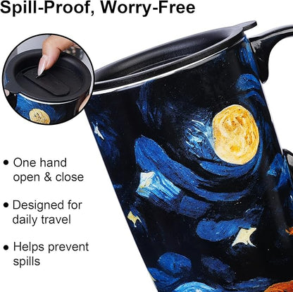 Topadorn Ceramic Coffee Travel Mug with Lid and Handle - 17 Oz Large Ceramic Latte Teacup with Color Box, Splash Resistant Lid - To Go Tumbler for Car Cup Holder, Starry Sky