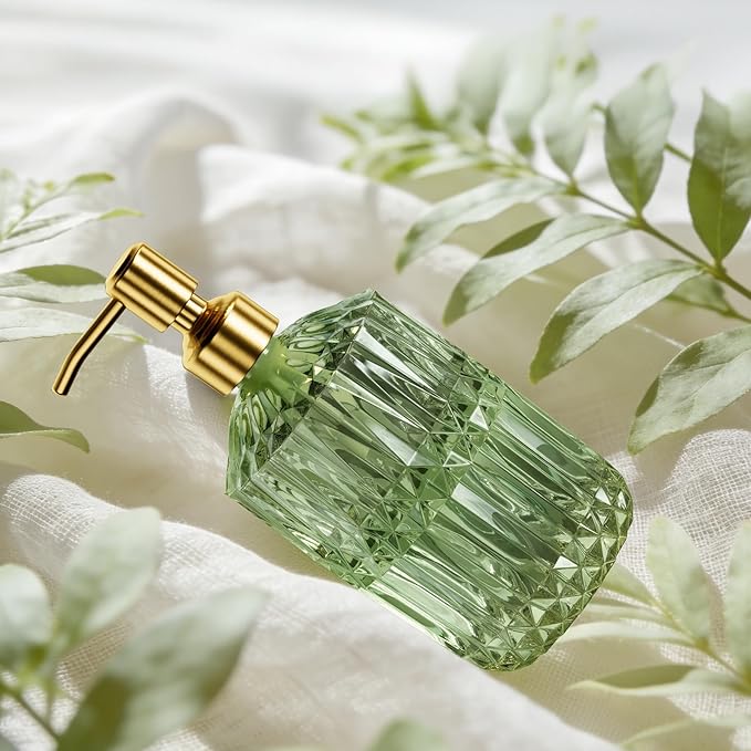 AmazerBath Soap Dispenser Green Glass Soap Dispenser with Pump Stainless Steel, 14.2OZ Luxury Gold Hand Soap Dispensers Bottles Bathroom, Refillable Kitchen Soap Dispenser for Dish Soap, 1 Pack by AmazerBath