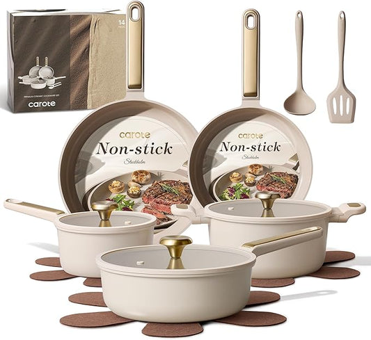 CAROTE Ceramic Cookware Set Nonstick, 14pcs Pots and Pans Set Nonstick, Non-Toxic & PFAS-Free, Dishwasher, RV/Camping Cookware Set, Cooking Pots with Lids, Light Taupe by CAROTE