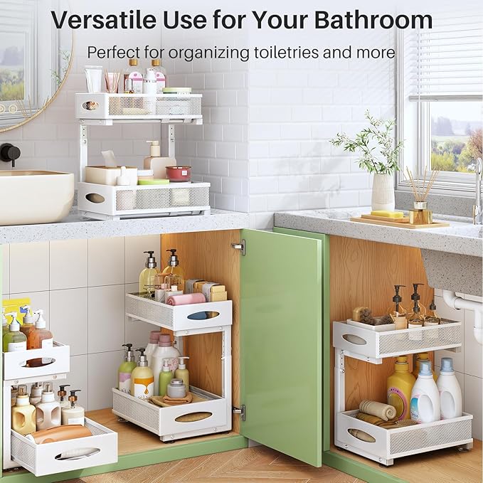 Under Sink Organizer, 2 Tier Pull out Cabinet Organizer Baskets with Mesh Sliding Drawers, Slide out Storage Shelf for Home, Kitchen, Bathroom, Pantry, Office Cabinet(1 Pack, White) - Image 8