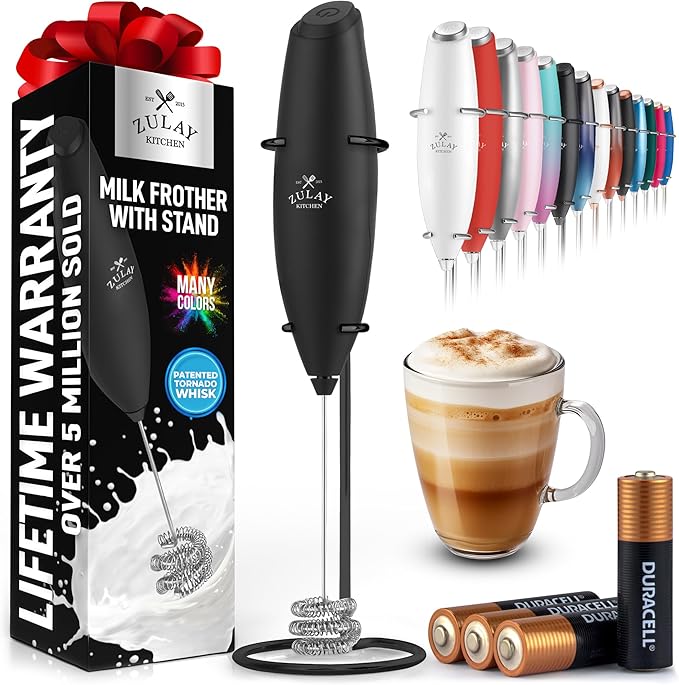 Zulay Kitchen Patented Tornado Triple Whisk Milk Frother with 4 Duracell Batteries – Handheld Foam Maker for Coffee, Lattes, Matcha & Hot Chocolate – Rich, Creamy Froth in Seconds - Executive Black by ZulayKitchen