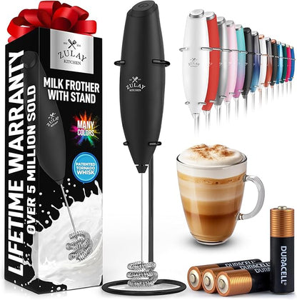 Zulay Kitchen Patented Tornado Triple Whisk Milk Frother with 4 Duracell Batteries – Handheld Foam Maker for Coffee, Lattes, Matcha & Hot Chocolate – Rich, Creamy Froth in Seconds - Executive Black by ZulayKitchen