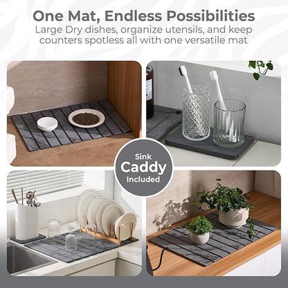 Large Stone Dish Drying Mat for Kitchen Counter, Quick Dry Stones Dishes Mats,Stone Drying Mat for Kitchen Counter, Water Absorbing Diatomaceous Earth Drying Mat (Dark Gray 24"×16" & 8"x4")