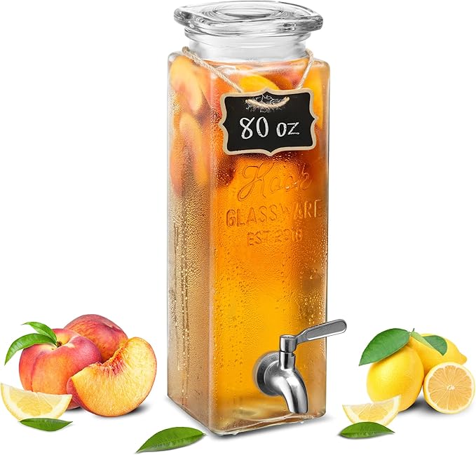 Kook Drink Dispenser, 80 oz, Water Dispenser Countertop, Glass Drink Dispenser, Beverage dispenser, with Leak-Proof Spigot, Clear Rectangular Jar, Storage for Party, Fridge, for Water, Iced Tea by Kook