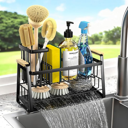 Housolution Sink Caddy Organizer, 2-Tier Sponge Holder for Kitchen Sink with Flexible High Brush Holder, Kitchen Countertop Storage Accessories, Soap Dispenser Organizer, Rustproof