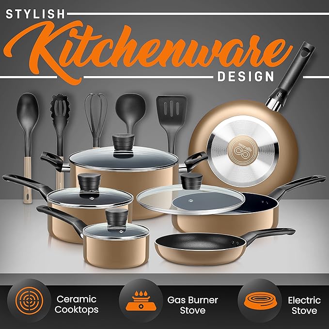 SereneLife Kitchenware Pots & Pans Basic Kitchen Cookware, Black Non-Stick Coating Inside, Heat Resistant Lacquer (15-Piece Set), One Size, Gold - Image 6