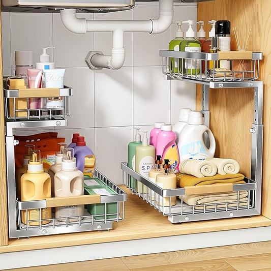 PXRACK Under Sink Organizer, Adjustable Height, 2 Tier Pull Out Cabinet Organizer, Slide Out Thickened Metal Storage for Kitchen Bathroom Laundry Pantry Cabinet, Stainless Steel, Silver, Large-2-Pack by PXRACK