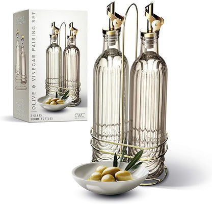 COOK WITH COLOR Glass Olive Oil Bottle Dispenser - 2 Pack- 17oz Oil and Vinegar Cruet - Olive Oil Carafe Decanter for Kitchen, Elegant Fluted, Brown by CookwithColor