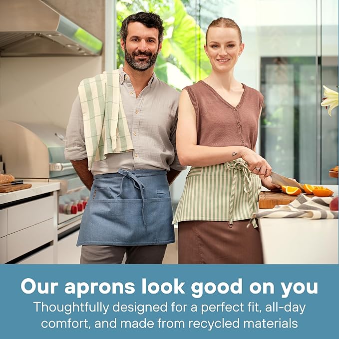 MEEMA Chef Waist Apron Cotton Fabric |Washable & Breathable Waitress & Server Half Aprons for Women with Pockets & Long Waist Straps | Cooking, Baking, Grilling & Crafting