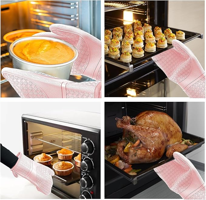 Hovico Silicone Oven Mitts, Heat Resistant 500F Kitchen Mitts 2PCS, 11.6" BPA-Free Soft Baking Gloves, Non-Slip Grip Oven Gloves with Soft Cotton Lining for Kitchen Cooking Baking BBQ - Pink - Image 7