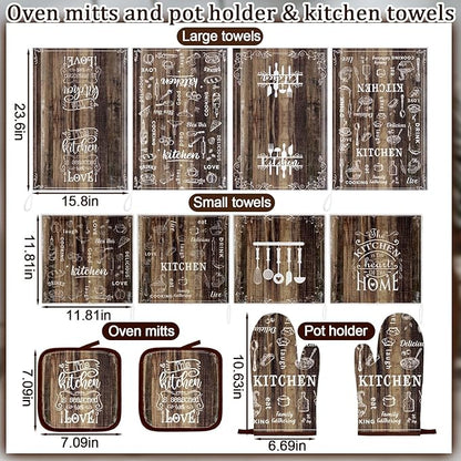 12 Pcs Farmhouse Kitchen Oven Mitts and Pot Holders Decor Sets 4 Wood Kitchen Hand Towels 4 Absorbent Dishcloths 2 Pot Holders 2 Oven Mitts Glove for Home Decorations Mom Baking Cooking Grilling Gift