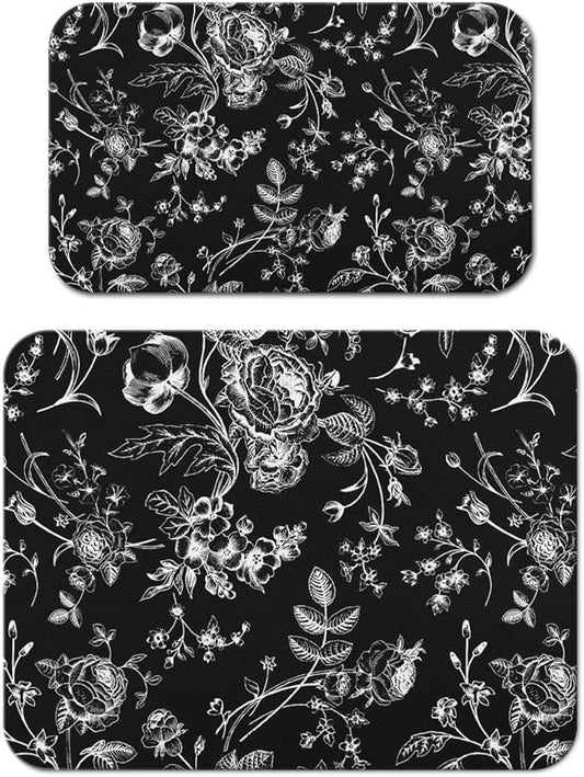 Dish Drying Mat for Kitchen Counter 2 Pack with Non-Slip Rubber Backing - Heat-Resistant Absorbent Coffee Bar Mat, Dish Rack Mat, Black Flower Dish Drying Mats 18x24+19.5x12 inch