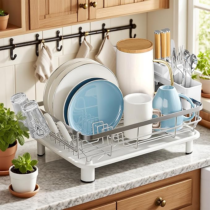 MOUKABAL Dish Drying Rack, Dish Rack, Stainless Steel Dish Racks for Kitchen Counter, Dish Drainer with Removable Utensil Holder, Drainboard (White,Stainless Steel,13''W x 17''L) - Image 8