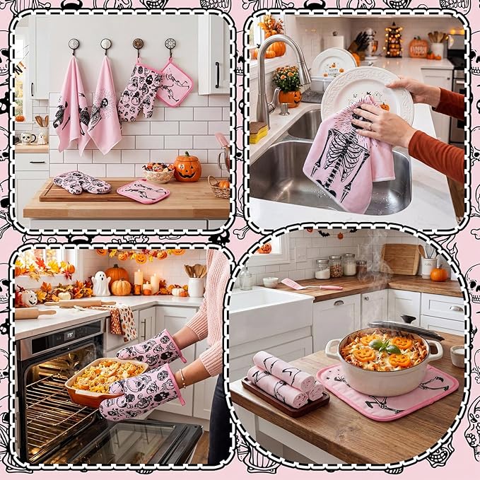 Leinuosen 8 Pcs Skull Kitchen Decor Set Kitchen Towels Gothic Oven Mitts and Pot Holders Skeleton Hand Dish Towels Horror Oven Mitts for Home Decoration Party Gifts (Pink,Dance) - Image 5