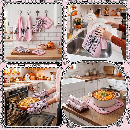 Leinuosen 8 Pcs Skull Kitchen Decor Set Kitchen Towels Gothic Oven Mitts and Pot Holders Skeleton Hand Dish Towels Horror Oven Mitts for Home Decoration Party Gifts (Pink,Dance) - Image 5