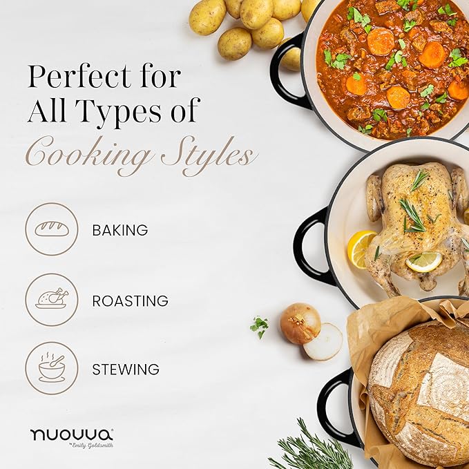 Cast Iron Pot with Lid – Non-Stick Ovenproof Enamelled Casserole Pot, Oven Safe up to 500° F – Sturdy Dutch Oven Cookware – Black, 5-Quart, 24cm – by Nuovva - Image 8